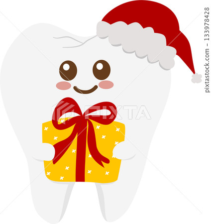 Smiling Tooth Cartoon Wearing Santa Hat and Holding Present Smiling Tooth Cartoon Wearing Santa Hat and Holding Present 133978428