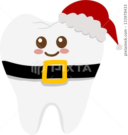 Cartoon Festive Tooth Character Dressed in Santa Hat and Belt Cartoon Festive Tooth Character Dressed in Santa Hat and Belt 133978433