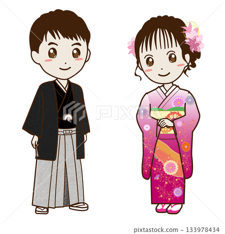 一位身穿羽織和袴的男子,以及一位身穿振袖的女子。 一位身穿羽織和袴的男子,以及一位身穿振袖的女子。 133978434