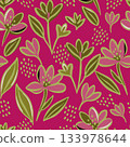 Trendy pop art floral seamless pattern. Vibrant hand-drawn botanical print in fuchsia, olive green, and pink. Ideal for textiles, swimwear, kids wear. 133978644