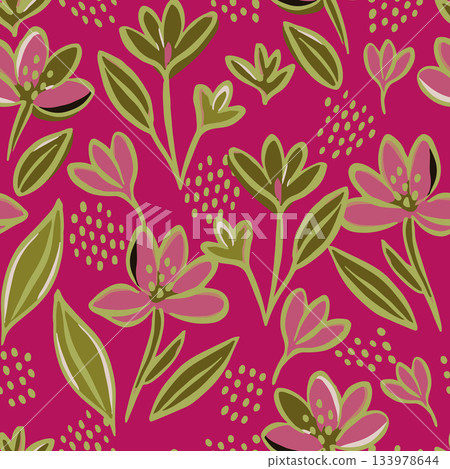 Trendy pop art floral seamless pattern. Vibrant hand-drawn botanical print in fuchsia, olive green, and pink. Ideal for textiles, swimwear, kids wear. Trendy pop art floral seamless pattern. Vibrant hand-drawn botanical print in fuchsia, olive green, and pink. Ideal for textiles, swimwear, kids wear. 133978644