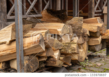 Wood is stacked in a storage area close to a building, ready for use in fireplaces or grills when the temperature drops Wood is stacked in a storage area close to a building, ready for use in fireplaces or grills when the temperature drops 133978697