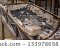 The charcoal grill shows ash and burnt remnants after being used for cooking food during a gathering in a market square 133978698