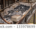 A charcoal grill sits in a park with ashes and remnants of old coals. The scene shows the end of cooking for a group 133978699