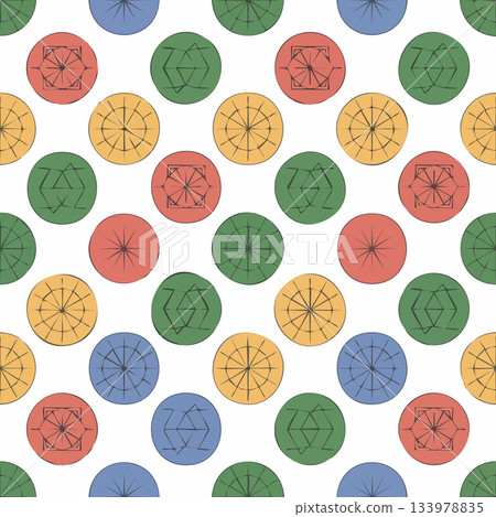 Whimsical geometric pattern with colorful circles and line art, perfect for backgrounds, textiles, and creative projects that need a playful touch 133978835