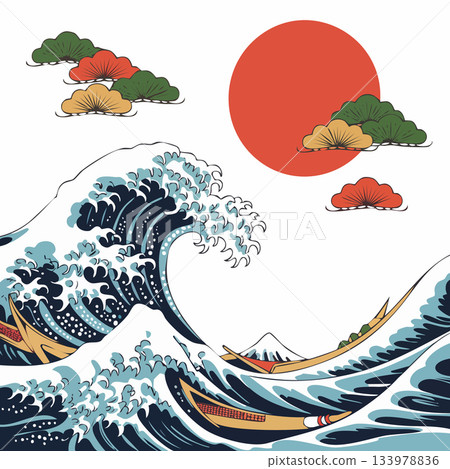 Stunning Japanese wave illustration with boats sailing under the rising sun, perfect for vibrant travel posters and artistic cultural designs 133978836