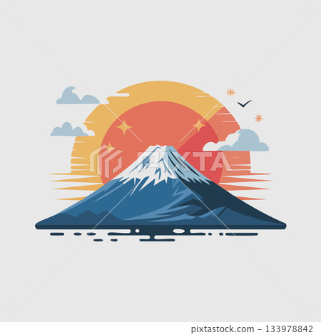 Stunning Mount Fuji at sunset with vibrant colors and dramatic sky, perfect for travel, tourism and Japanese culture promotions or themed designs 133978842