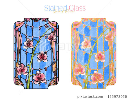 Elegant Pastel Orchid Vine Stained Glass Panel Clipart Watercolor Illustration | Vector Elegant Pastel Orchid Vine Stained Glass Panel Clipart Watercolor Illustration | Vector 133978956