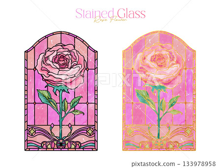 Romantic Pink Rose Stained Glass Clipart Watercolor Illustration | Vector Romantic Pink Rose Stained Glass Clipart Watercolor Illustration | Vector 133978958