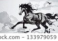 一幅用毛筆繪製的水墨畫,描繪了一匹奔跑的駿馬。 一幅用毛筆繪製的水墨畫,描繪了一匹奔跑的駿馬。 133979059