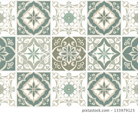 Detailed patterns. Ceramic tiles with geometric patterns. Material for interior in natural color. Texture of building materials. Design mockup and background. 133979123