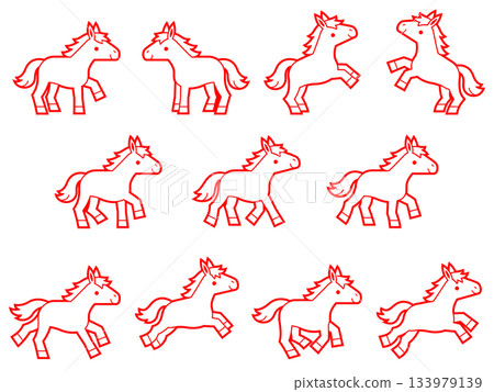 紅色線條繪製的馬匹角色插圖集 133979139