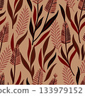 Trendy botanical seamless pattern. Hand-drawn organic nature design in deep red, terracotta, and brown earth tones. Perfect for fabric, packaging. 133979152