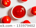 Close-up, top view of ketchup and fresh tomatoes 133979402