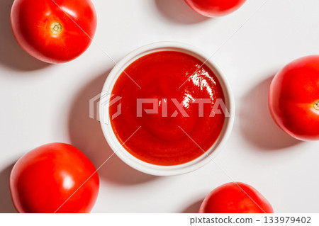 Close-up, top view of ketchup and fresh tomatoes 133979402