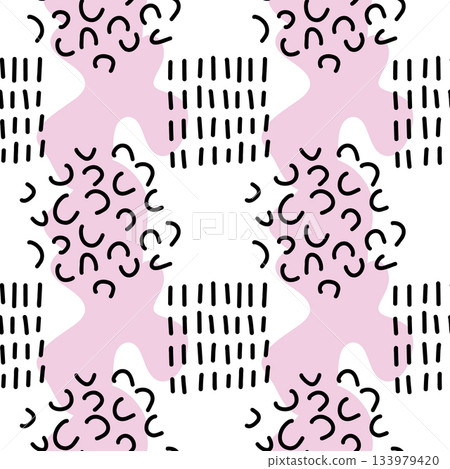 Spots, lines, dots. A seamless vector pattern of minimalist, trendy, hand-drawn abstract elements Spots, lines, dots. A seamless vector pattern of minimalist, trendy, hand-drawn abstract elements 133979420