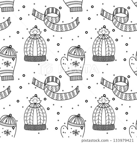 Seamless pattern. Line drawing of winter symbols. Seamless pattern. Line drawing of winter symbols. 133979421