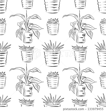 Seamless pattern. Line art of potted plants. vector drawing. Seamless pattern. Line art of potted plants. vector drawing. 133979455