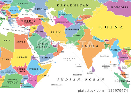 West Asia and South Asia, multi colored political map with countries and international borders. Western or Southwest Asia, with the Middle East, and South Asia, with the Indian subcontinent. Vector West Asia and South Asia, multi colored political map with countries and international borders. Western or Southwest Asia, with the Middle East, and South Asia, with the Indian subcontinent. Vector 133979474