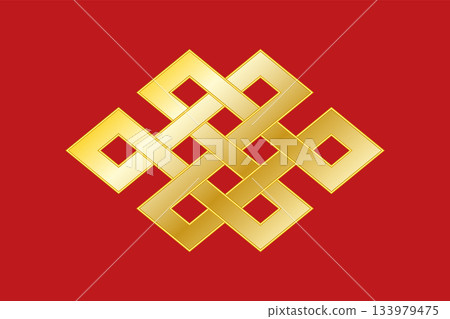 Golden endless knot, also known as eternal knot, on red field. Common form of an intertwining knot and one of eight Auspicious Symbols in Hinduism, Jainism and Buddhism. Isolated illustration. Vector 133979475