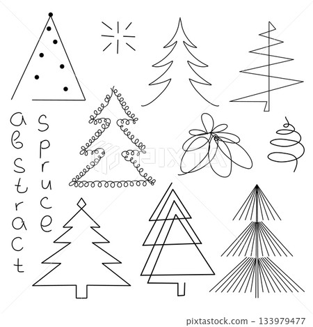 Line art. A set of abstract Christmas trees with ornaments Line art. A set of abstract Christmas trees with ornaments 133979477