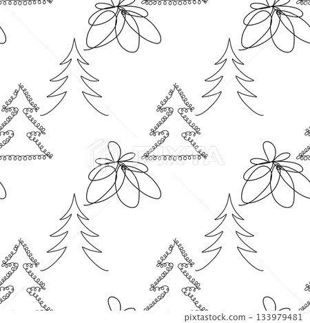 Seamless pattern. Line art of abstract Christmas trees with ornaments Seamless pattern. Line art of abstract Christmas trees with ornaments 133979481