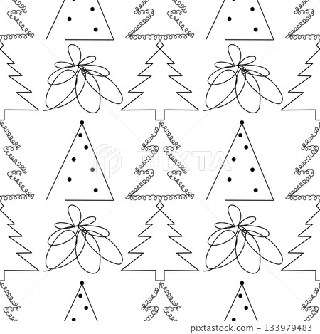Seamless pattern. Line art of abstract Christmas trees with ornaments 133979483
