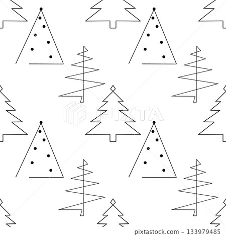 Seamless pattern. Line art of abstract Christmas trees with ornaments Seamless pattern. Line art of abstract Christmas trees with ornaments 133979485