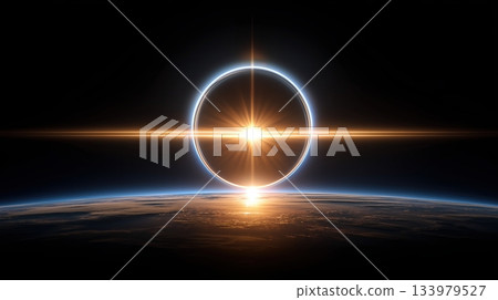 Radiant Light Ring Above Earth Horizon with Stellar Burst and Lens Flare Radiant Light Ring Above Earth Horizon with Stellar Burst and Lens Flare 133979527