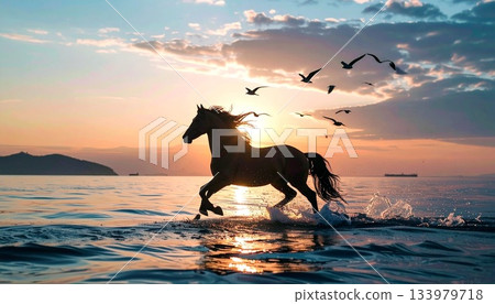 晨曦中,駿馬在海岸邊奔騰。 晨曦中,駿馬在海岸邊奔騰。 133979718