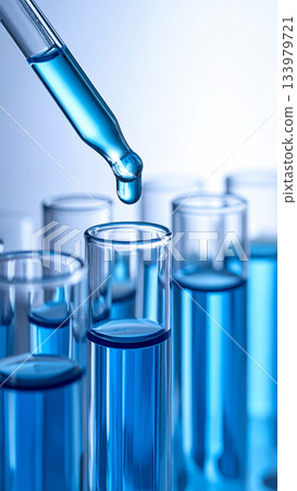 試管特寫,滴管中正滴入藍色美容精華液。 試管特寫,滴管中正滴入藍色美容精華液。 133979721