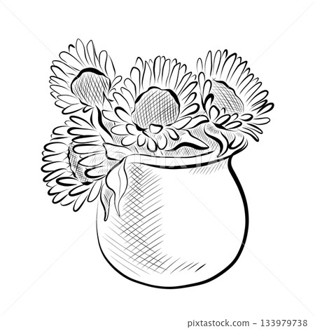 The Day of the Dead Line art illustration of a Mexican vase with sunflowers. The Day of the Dead Line art illustration of a Mexican vase with sunflowers. 133979738
