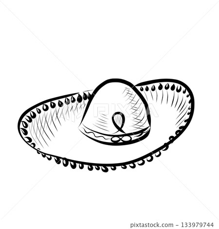 Day of the Dead. Line art illustration of a Mexican festival, wide-brimmed hat. 133979744