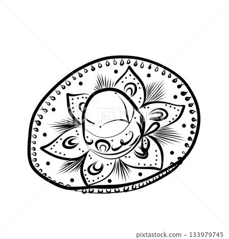 Day of the Dead. Line art illustration of a Mexican festival, wide-brimmed hat. 133979745