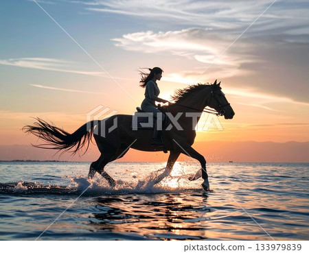 晨曦中,駿馬在海岸邊奔騰。 晨曦中,駿馬在海岸邊奔騰。 133979839