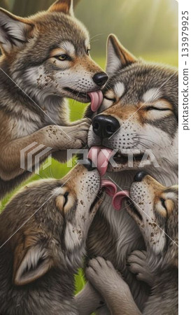 頑皮的小狼崽舔著父母的嘴唇——深灰色調 頑皮的小狼崽舔著父母的嘴唇——深灰色調 133979925