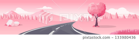 Horizontal or Landscape view of asphalt curved road. Road curves through the pink fields and heart shaped tree. Background of mountain under the sky and white clouds. For valentine day. 133980436
