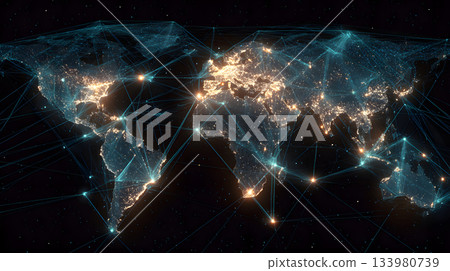 Global network background with connection paths and data points. 133980739