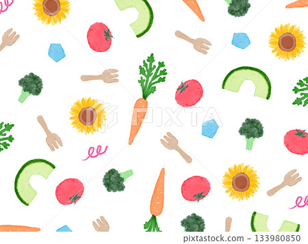 白色背景上色彩繽紛的手繪夏季插畫圖案。水彩風格的胡蘿蔔、番茄、酪梨和向日葵。 白色背景上色彩繽紛的手繪夏季插畫圖案。水彩風格的胡蘿蔔、番茄、酪梨和向日葵。 133980850