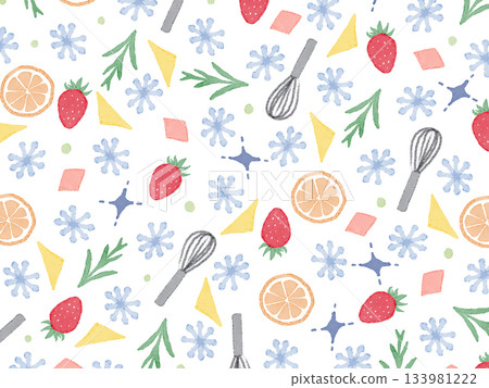 白色背景上的手繪插畫圖案。水彩草莓和橘子，配有打蛋器。甜點和烘焙概念 133981222