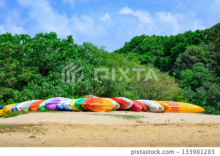 Ishigaki Island, where colorful kayaks lined up under the tropical blue sky Ishigaki Island, where colorful kayaks lined up under the tropical blue sky 133981283