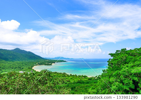 石垣島的壯麗全景盡收眼底，鬱鬱蔥蔥的森林和波光粼粼的碧藍大海盡收眼底。 133981290