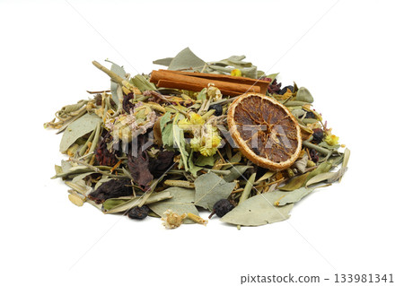 Winter tea for health in cold weather. Flavored with ginger, cinnamon, hibiscus, and orange. Isolated on white background 133981341