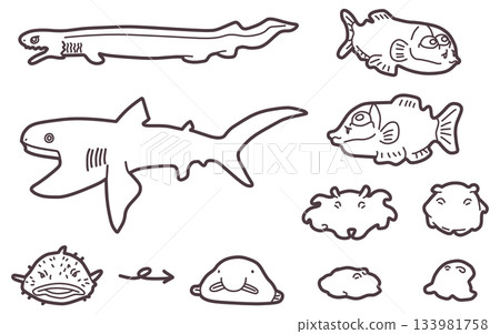 一組描繪深海生物的插圖，例如畸形章魚和鯊魚。 133981758