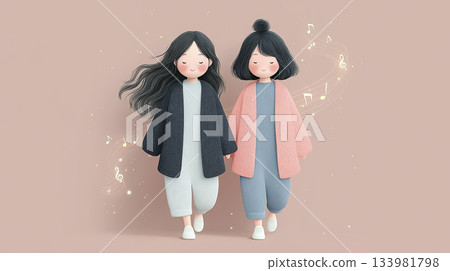 美優系列：一個聲音仙子的場景，兩位女性在旋轉的音符漩渦和柔和的光線中唱歌。 133981798