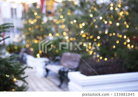 Christmas texture for postcards. Christmas trees on the street are decorated with garlands. Benches on the street. The trees are out of focus. Bokeh. A place for advertising. Christmas texture for postcards. Christmas trees on the street are decorated with garlands. Benches on the street. The trees are out of focus. Bokeh. A place for advertising. 133981845