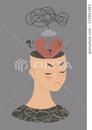 Mental Health. Unhappy Human Face with Broken Heart, rain cloud and Tangled Thoughts from her head. Concept emotional pain, confusion, Depression and Stress. Vector Illustration. Not AI Mental Health. Unhappy Human Face with Broken Heart, rain cloud and Tangled Thoughts from her head. Concept emotional pain, confusion, Depression and Stress. Vector Illustration. Not AI 133981863
