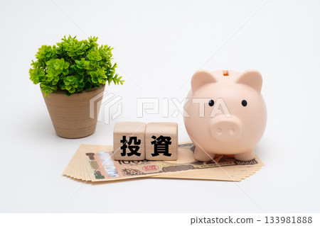 Investment image with 10,000 yen bill and piggy bank 133981888
