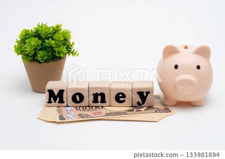 Image of money with 10,000 yen bills and a piggy bank Image of money with 10,000 yen bills and a piggy bank 133981894