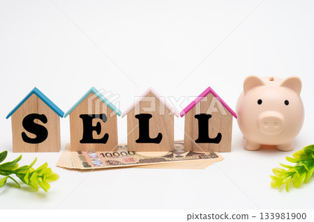 A piggy bank, a 10,000 yen bill, and a house-shaped plate give the impression of a house for sale A piggy bank, a 10,000 yen bill, and a house-shaped plate give the impression of a house for sale 133981900